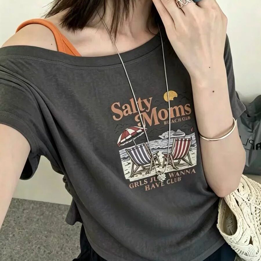 夏季韩版显瘦露肩短袖T恤女