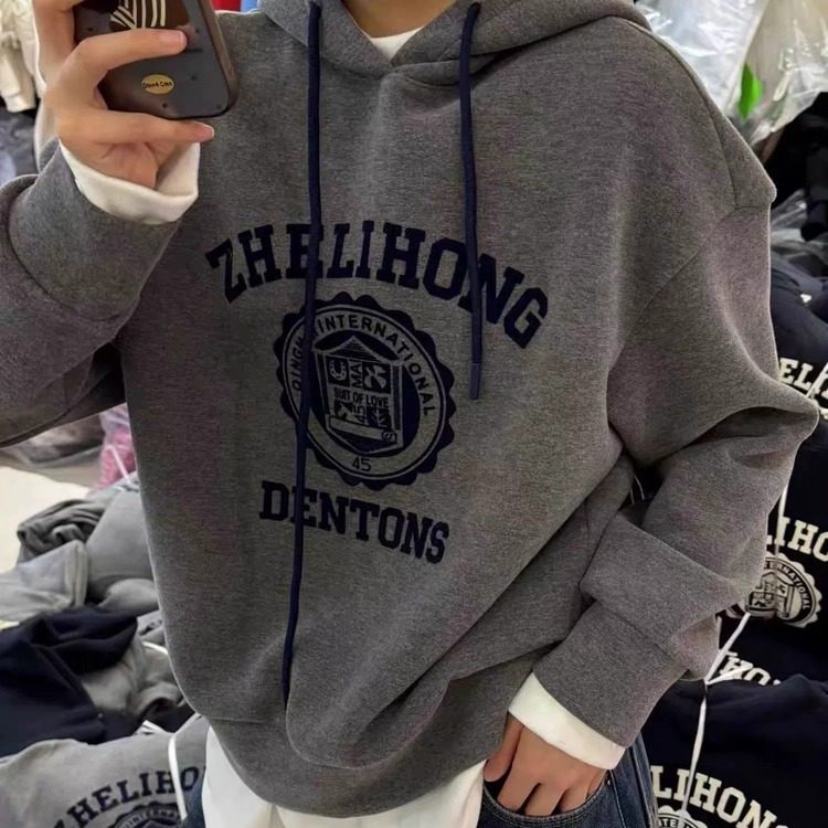 欧洲站2025冬装新款美式复古字母刺绣连帽卫衣女宽松休闲百搭上衣