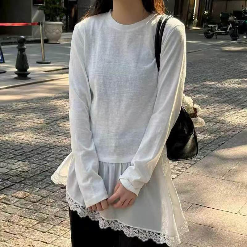 蕾丝拼接长袖T恤女2026早春白色宽松内搭设计感小众打底衫上衣潮