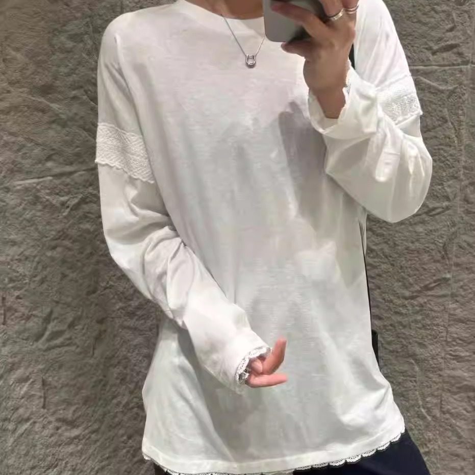 2026早春纯色宽松中长款蕾丝花边拼接设计百搭长袖T恤打底衫女潮,女装/女士精品,T恤,淘宝优惠券,粉丝福利购,淘宝优惠卷