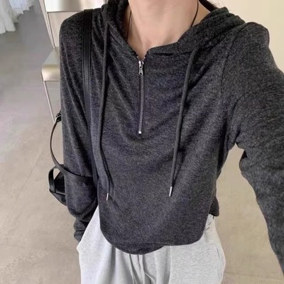韩系半拉链连帽长袖T恤女卫衣