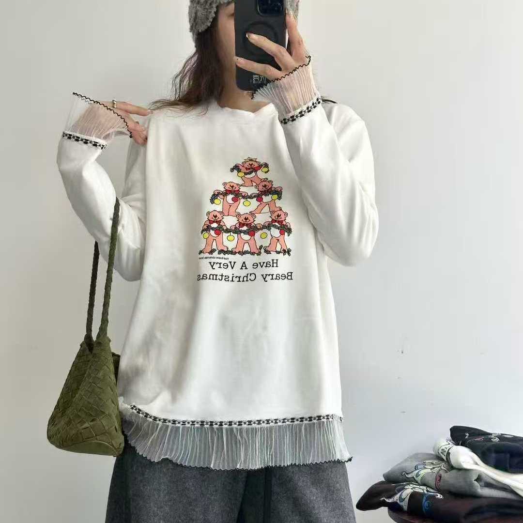 卡通小熊拼接木耳边长袖T恤女