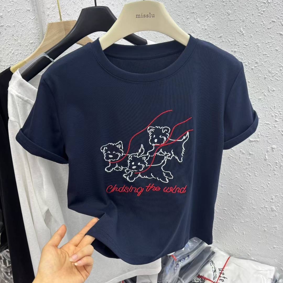 2025夏季新款韩版时尚圆领三只狗字母短袖T恤女宽松显瘦百搭上衣