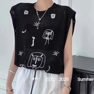 无袖韩版人物刺绣针织T恤女上衣