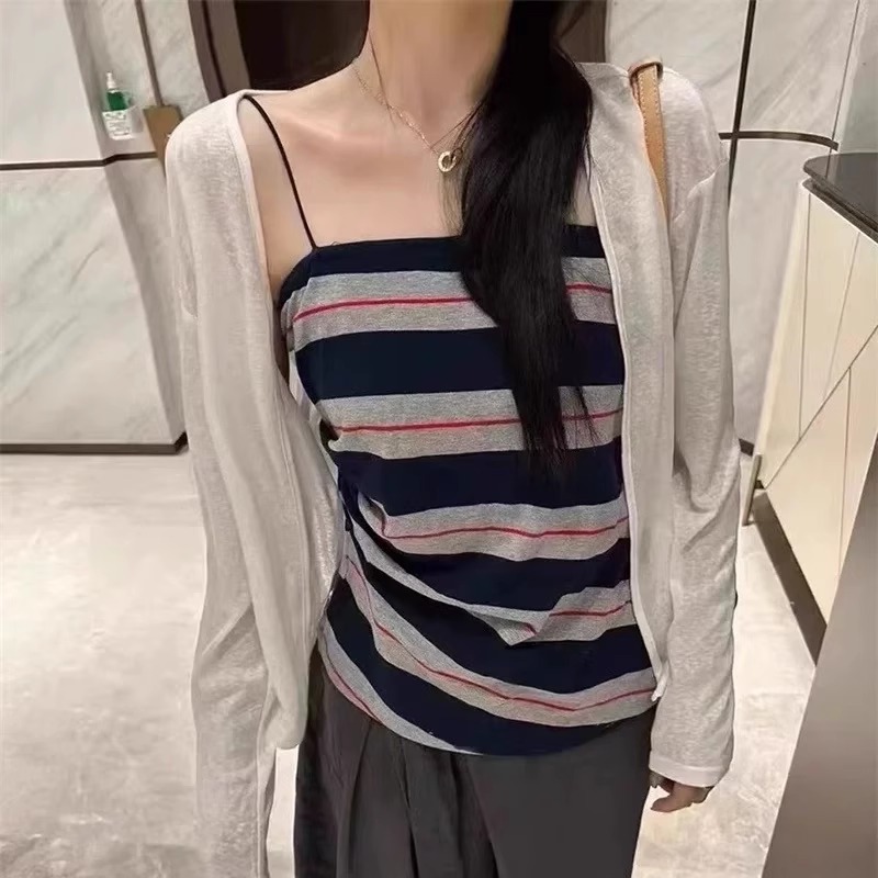 韩系穿搭防晒套装女夏季薄款设计感一整套条纹抹胸吊带开衫两件套