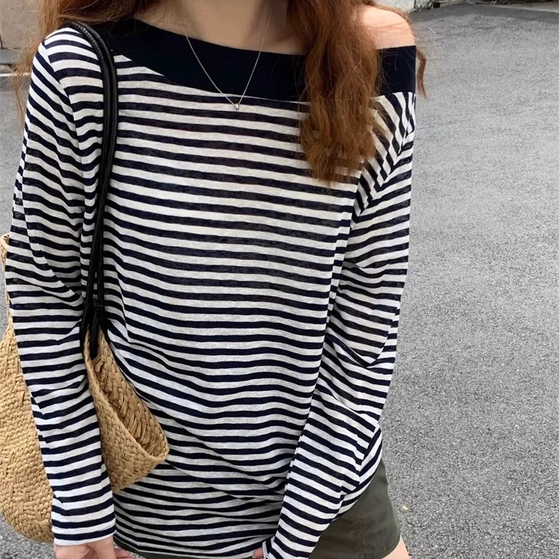 一字领露肩条纹面膜T恤女欧洲站2025夏装新款欧货女装防晒上衣潮