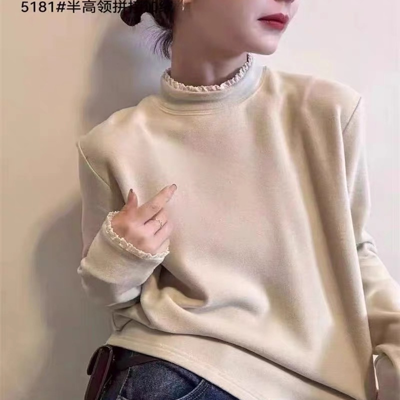 拼接蕾丝花边半高领长袖T恤女