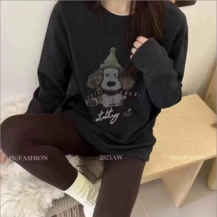 韩系卡通小狗印花加厚德绒长袖T恤女秋冬深灰色中长款打底衫上衣
