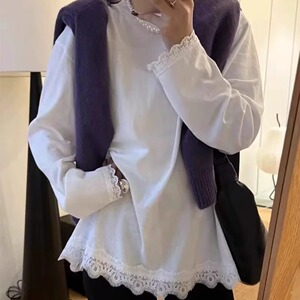 欧货慵懒风蕾丝拼接长袖T恤女2024冬季新款时尚宽松百搭打底衫潮
