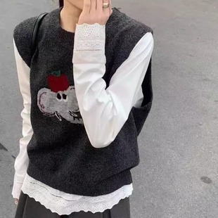 两件套女套装 衬衫 圆领苹果小象提花羊毛针织马甲背心叠穿长袖 韩版