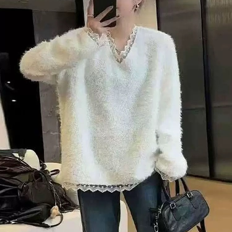 韩系蕾丝V领加厚宽松打底T恤女