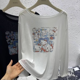 韩版 防晒T恤女2025夏百搭上衣 卡通印花宽松显瘦斜领露肩薄款 长袖
