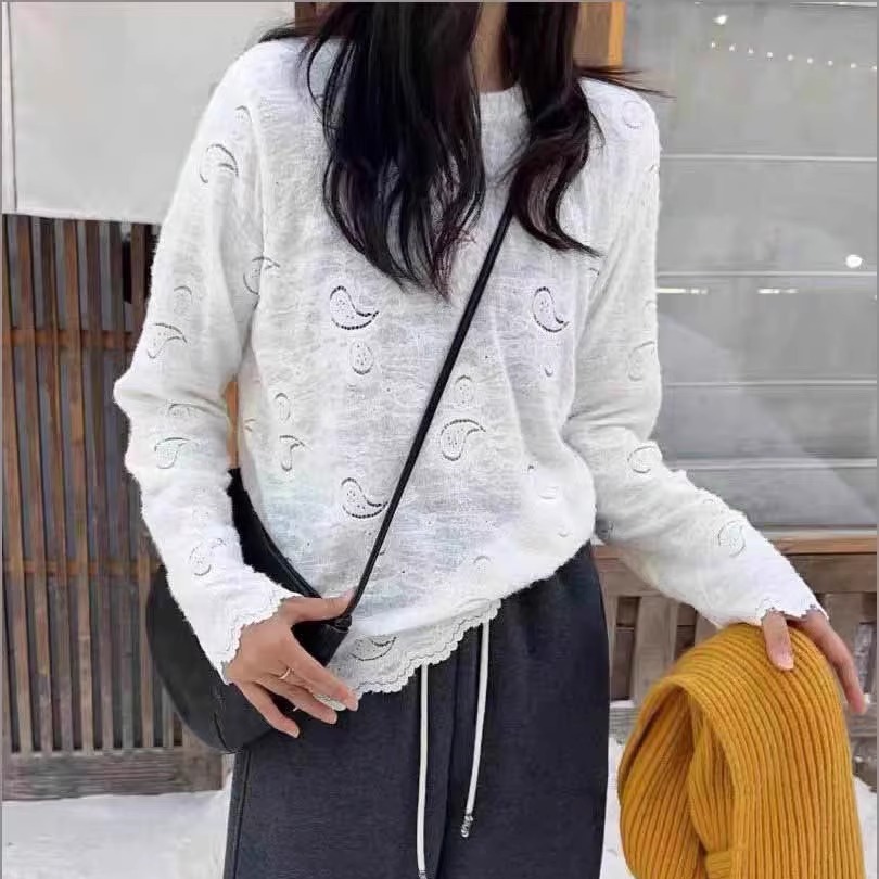 镂空磨毛蕾丝钩花加厚长袖T恤女