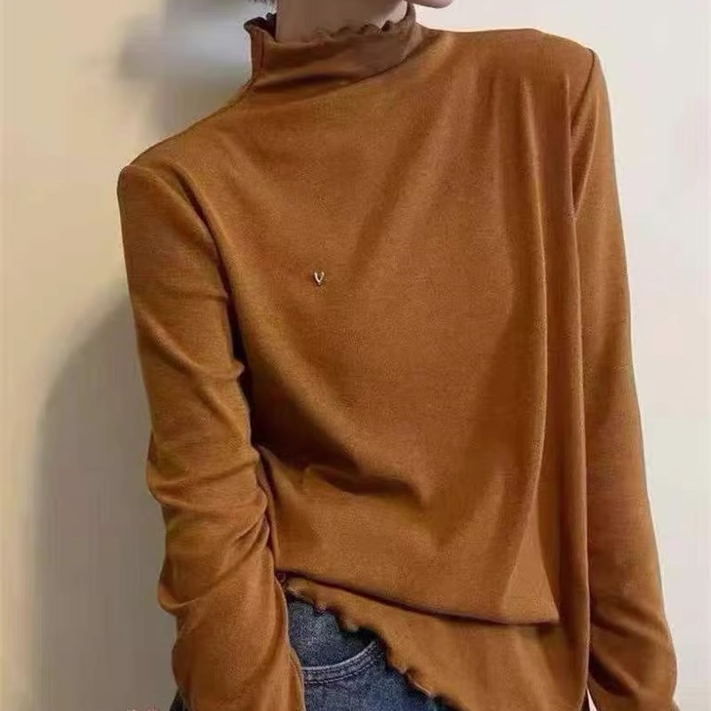 2025秋季半高领木耳边长袖T恤女