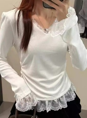冬季温柔风蕾丝拼接长袖T恤女灰色修身内搭高级感气质打底衫上衣