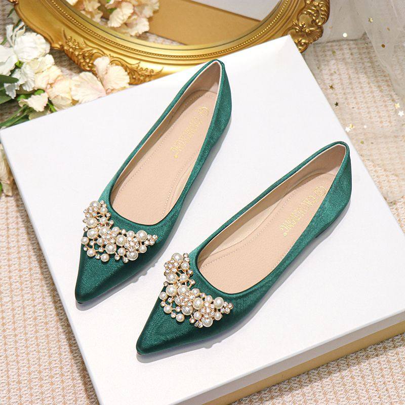 绿色婚鞋女结婚新娘出门上车鞋子新款尖头秀禾绿鞋女结婚平底单鞋,女鞋,浅口单鞋,淘宝优惠券,粉丝福利购,淘宝优惠卷