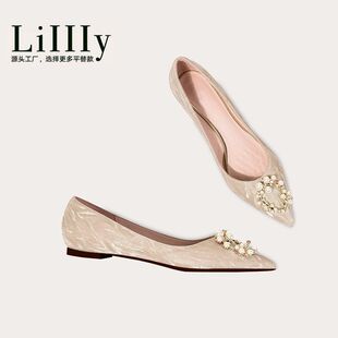 经典系列~香槟金色平底单鞋小码女鞋34孕妇新娘鞋尖头法式婚鞋42