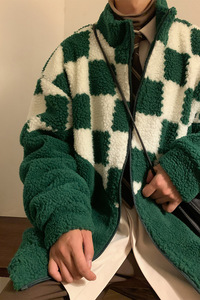 棋盘格羊羔毛加绒加厚外套男冬季潮牌立领棉衣 A328P118 控158图片