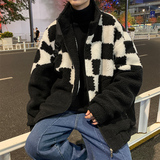 冬季棋盘格撞色羊羔毛棉服外套男潮牌保暖棉衣A328P118控158，男装棉衣，电商A309