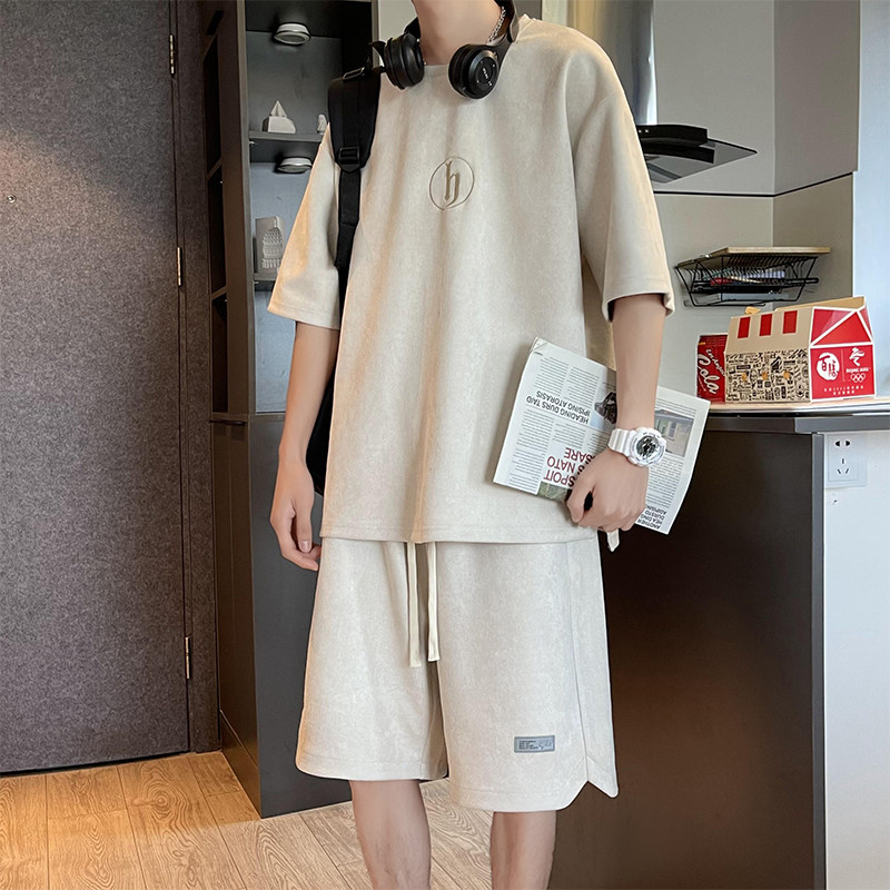 主推~280克重磅麂皮绒短袖短裤套装男女同款A353P80控108,男装休闲套装,电商A309