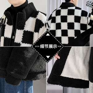 主推羊羔毛棉服男女棋盘格拼接加厚棉衣外套A328P118 控158图片