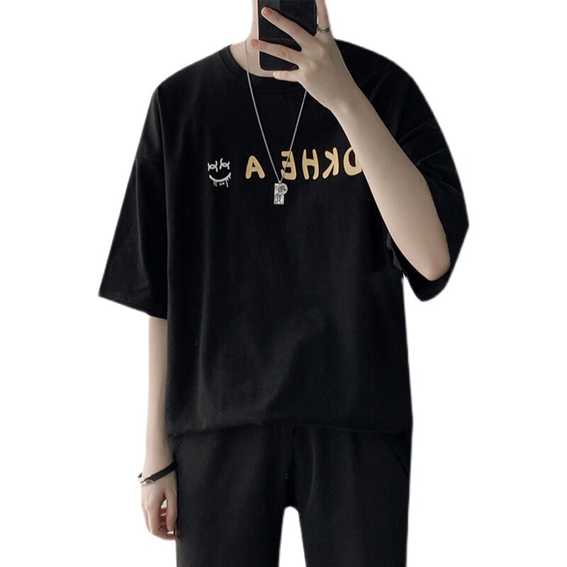 笑脸印花短袖T恤男港风潮牌2135P35控48白,男装T恤,电商A309