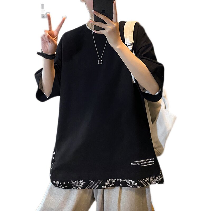 ~假两件腰果花拼接开叉短袖t恤男女加大码2146特P38,男装T恤,电商A309