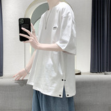 夏装潮牌纯棉短袖男士宽松开叉排扣t恤T01P30控48，男装T恤，电商A309