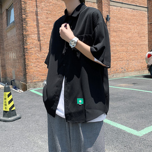 港风宽松中性风潮牌冰丝华夫格短袖衬衣男 A355P40图片