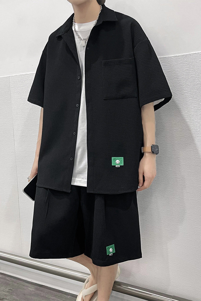 冰丝套装男女夏季坠感华夫格短袖衬衫短裤两件套3546P70,男装休闲套装,电商A309