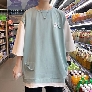 破洞短袖t恤男宽松潮牌假两件半袖体恤T332P40控58图片