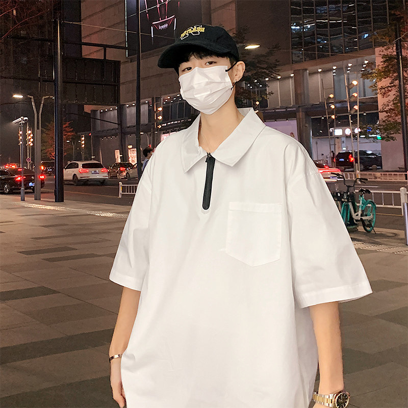 vibe风小众设计潮牌短袖衬衫男白色纯色半拉链衬衣A343P40控58,男装衬衫,电商A309