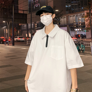 vibe风小众设计潮牌短袖衬衫男白色纯色半拉链衬衣A343P40 控58图片
