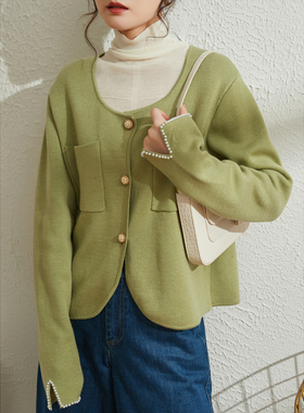 春季新款法式低圆领羊毛针织开衫女宽松洋气轻奢外搭上衣外套