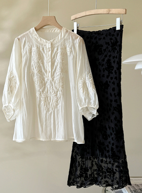 Met Endi新中式刺绣衬衫裙子套装24夏季新款防晒外套半身裙两件套