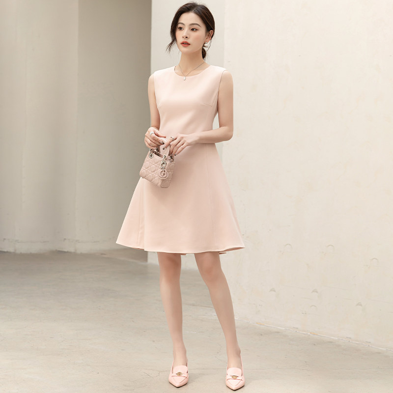 Met Endi醋酸无袖连衣裙2024夏装新款时尚简约粉色收腰A字裙短裙