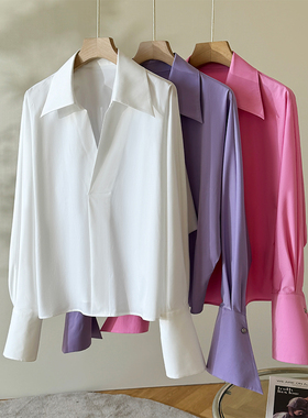 Met Endi时尚设计感V领白衬衣秋季高级感法式气质喇叭袖衬衫女