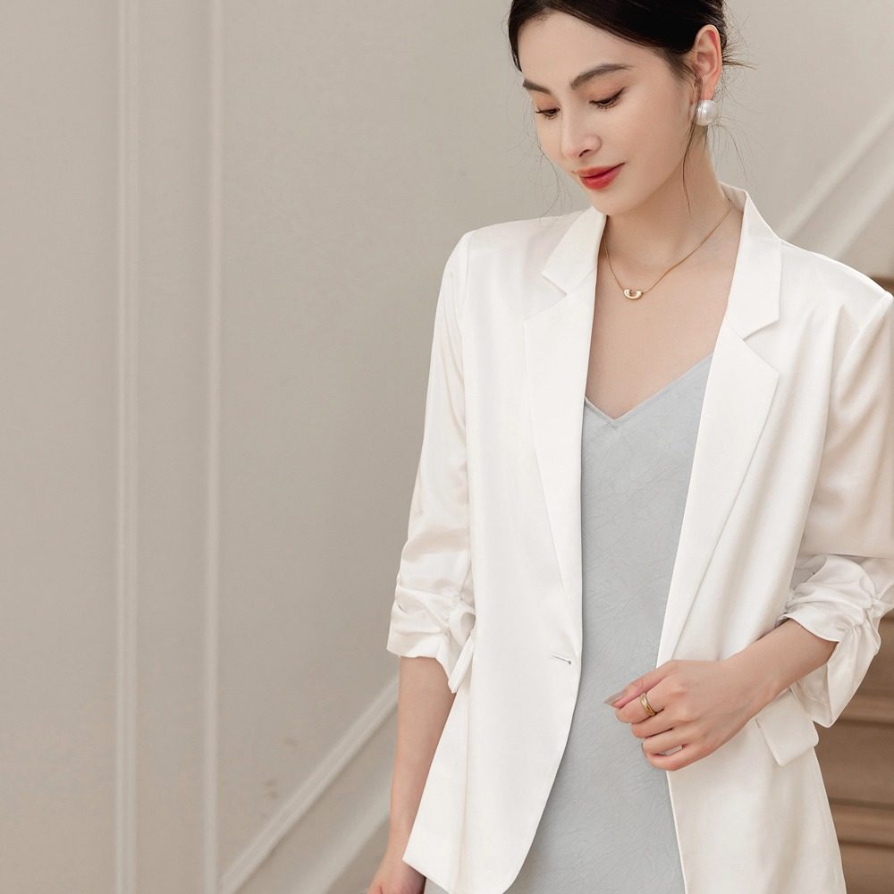 恩迪醋酸缎面七分袖西装外套2025年春夏高级感百搭纯色西服上衣女