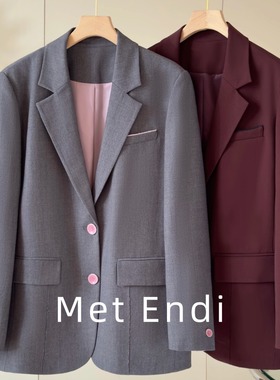 格雷灰色羊毛西装外套女2025年春季撞色时尚轻奢撞色西服上衣