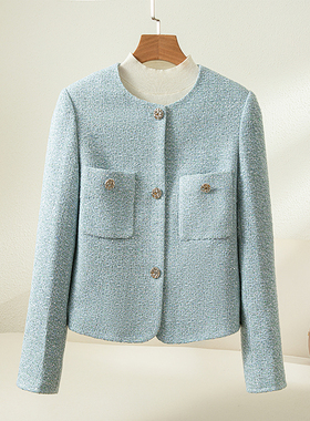 Met Endi蓝色法式气质羊毛小香风外套女秋季新款韩版简约短款上衣