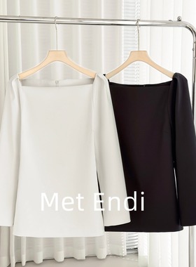 Met Endi时尚纯色一字肩衬衫2025年春季新款通勤泡泡宽松长袖上衣