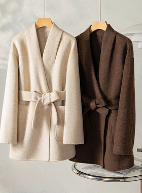 Met Endi羊毛大衣女款2024秋冬新款双面羊毛呢桑蚕丝收腰骆驼绒