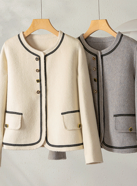 Met Endi小香风双面羊毛外套女短款秋冬双面优雅气质圆领毛呢大衣