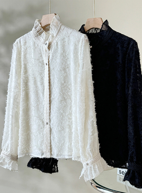 Met Endi烧花刺绣气质衬衫上衣女秋冬新款设计感花边立领法式衬衣