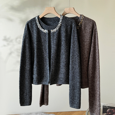 100绵羊毛圆领针织开衫背心套装