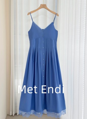 Met Endi纯棉克莱因蓝吊带连衣裙女春夏款蕾丝拼接收腰裙子长款