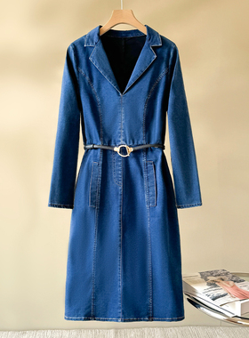 Met Endi牛仔连衣裙女2024春夏新款中长裙腰带款气质通勤百搭V领