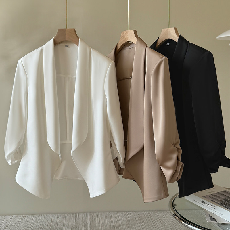 Met Endi西装外套2024夏季新款女款纯色七分袖缎面感薄款西服上衣