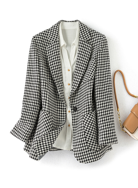 Met Endi千鸟格西装外套女2024冬季新品休闲西服上衣格子通勤长袖