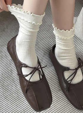 木耳边袜子女中筒秋冬季双层花边女袜灰色系堆堆袜甜美风白色长袜